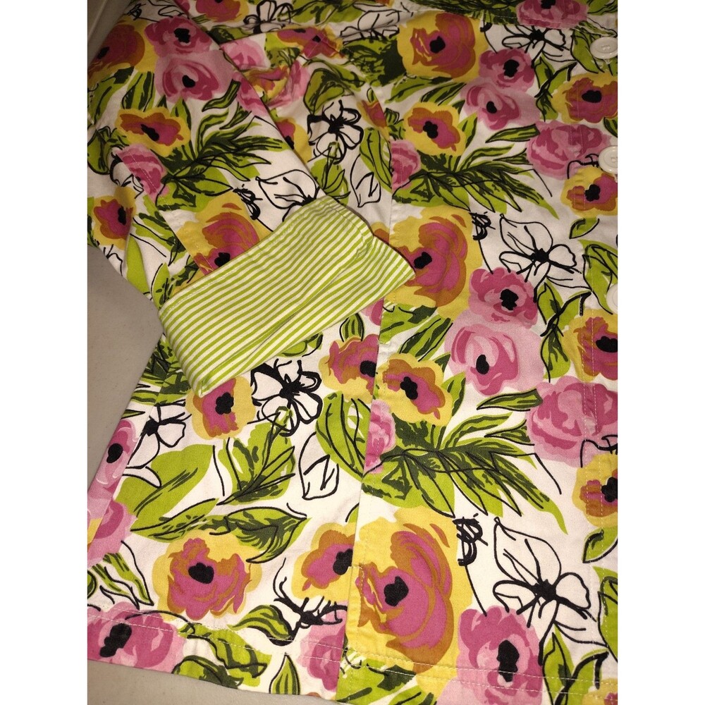 Keren Hart Floral Shacket Shirt Jacket Pockets Size L (Est) Pink Green Stripe - Picture 9 of 13